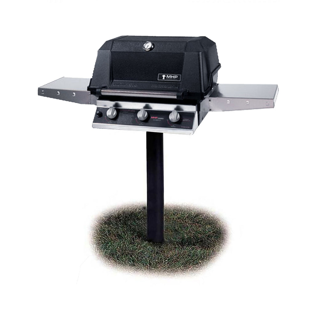Tri-burn gas grill with SearMagic grids, black, on patio base with side shelves