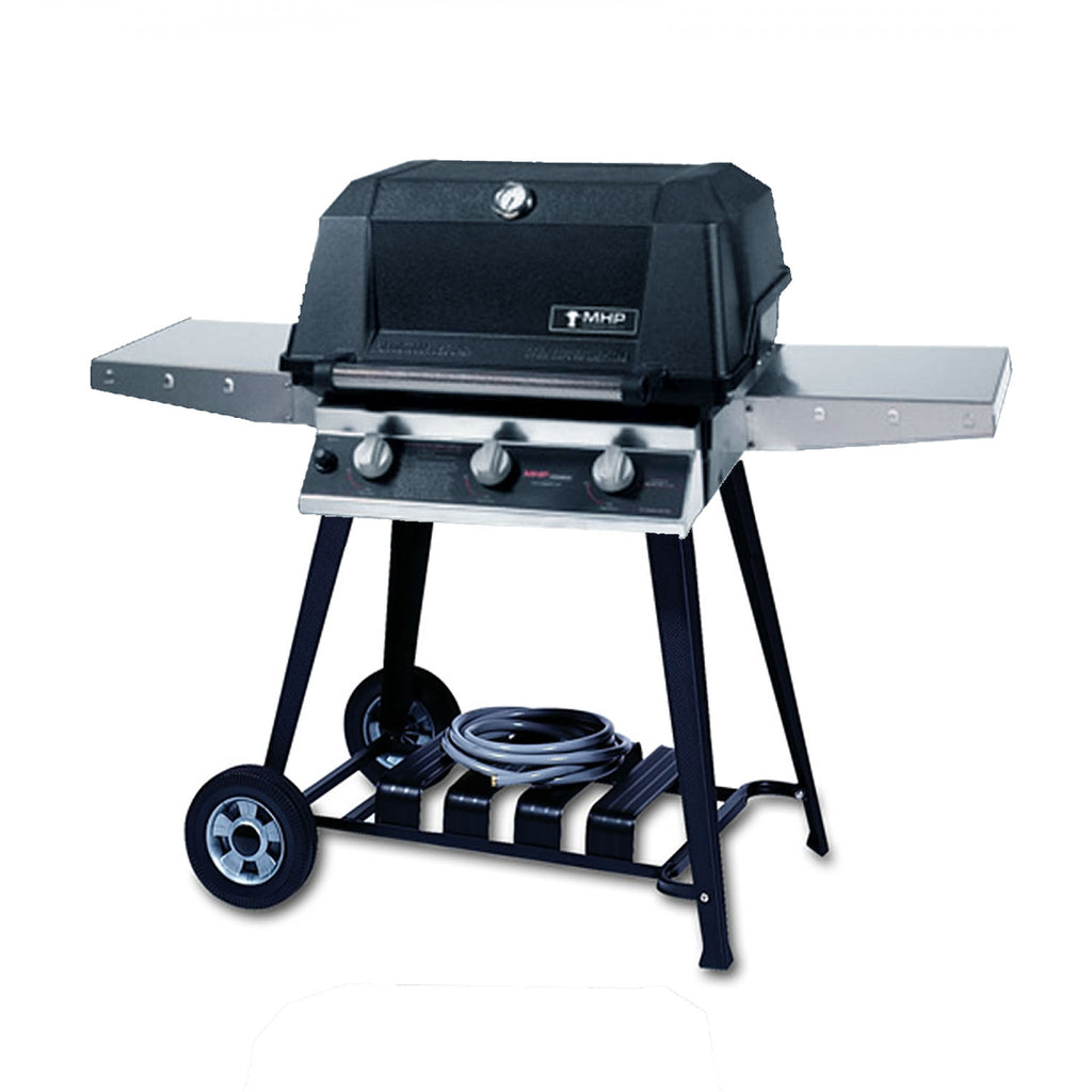 All-infrared gas grill on cart with black hood, side shelves, and four front control knobs
