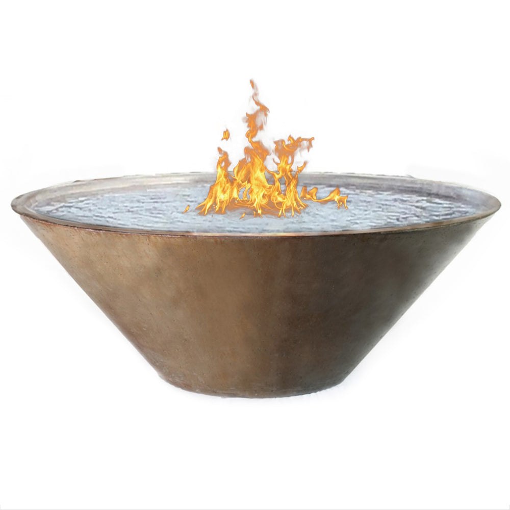 Round GFRC fire bowl with water basin and flame jets, gray concrete finish