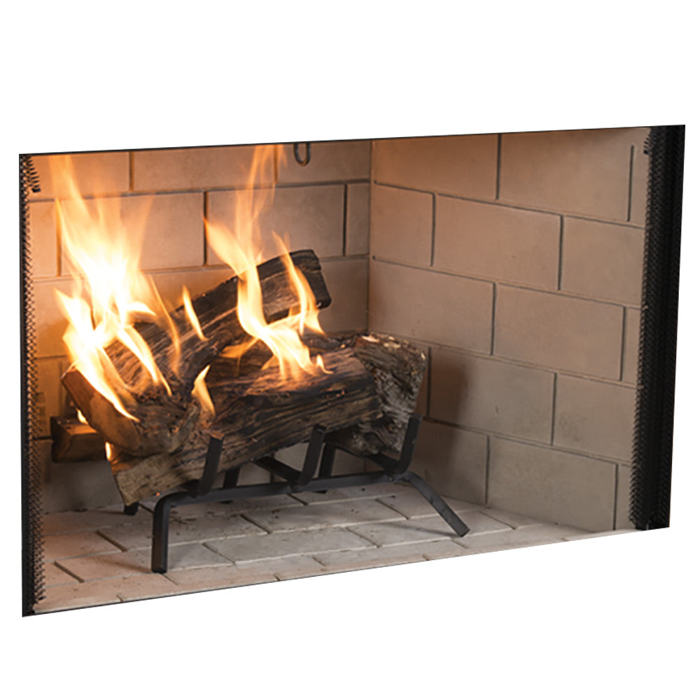 Radiant wood burning fireplace with burning logs and grey brick surround