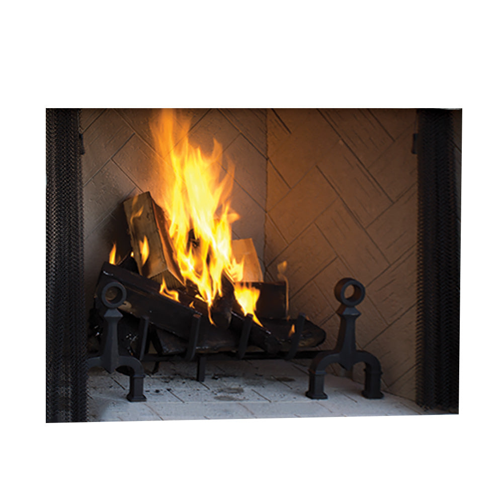Wood-burning fireplace with open firebox, black fire tools, and bright flames