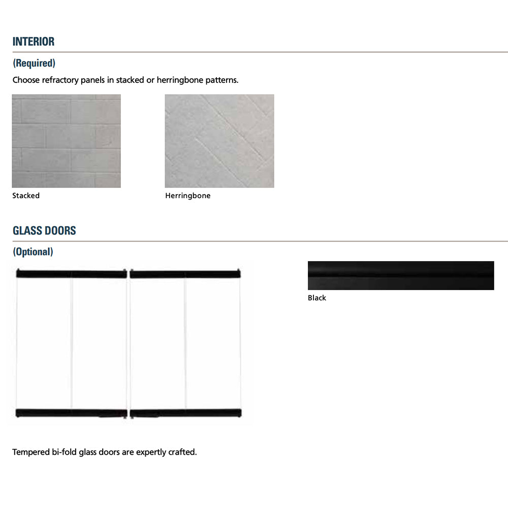 Fireplace options graphic: stacked or herringbone refractory panels and glass door style