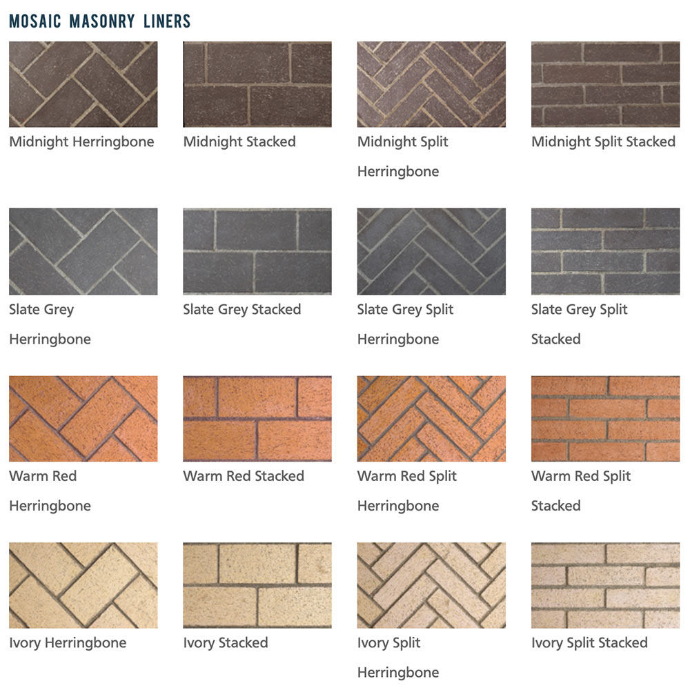 Mosaic masonry liner finish swatches labeled Midnight, Slate Grey, Warm Red, Ivory