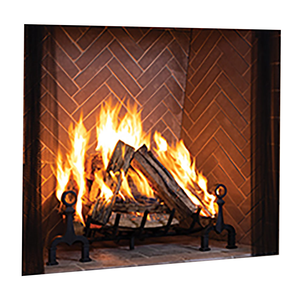 Wood-burning fireplace with split herringbone masonry surround and black iron fire screen