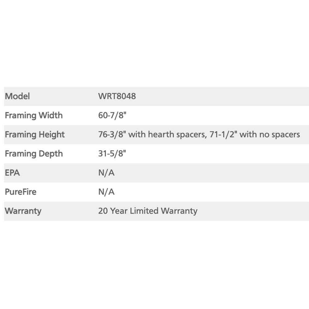 WRT8048 specs: framing width 60-7/8 in, height 76-3/8 in, depth 31-5/8 in