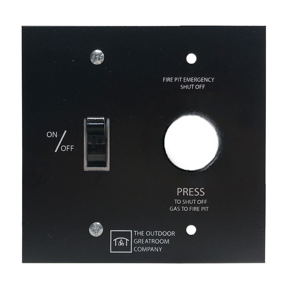 Wall switch control panel with ON/OFF rocker, large round E-Stop, emergency shut-off labels