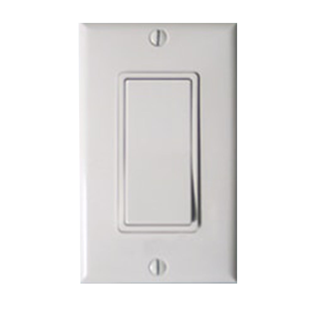 White wall switch plate with rectangular rocker opening and screw holes