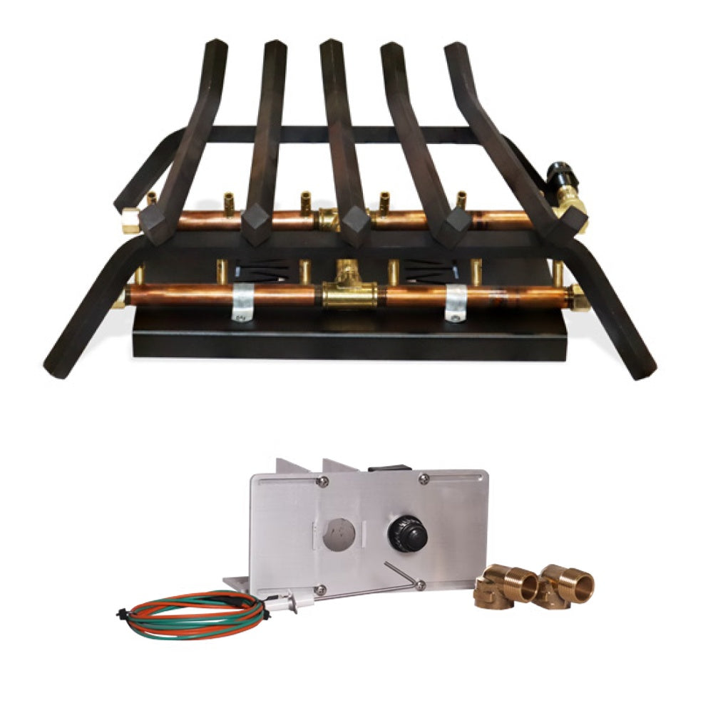 H-style crossfire burner kit with control box, copper fittings, and black grate