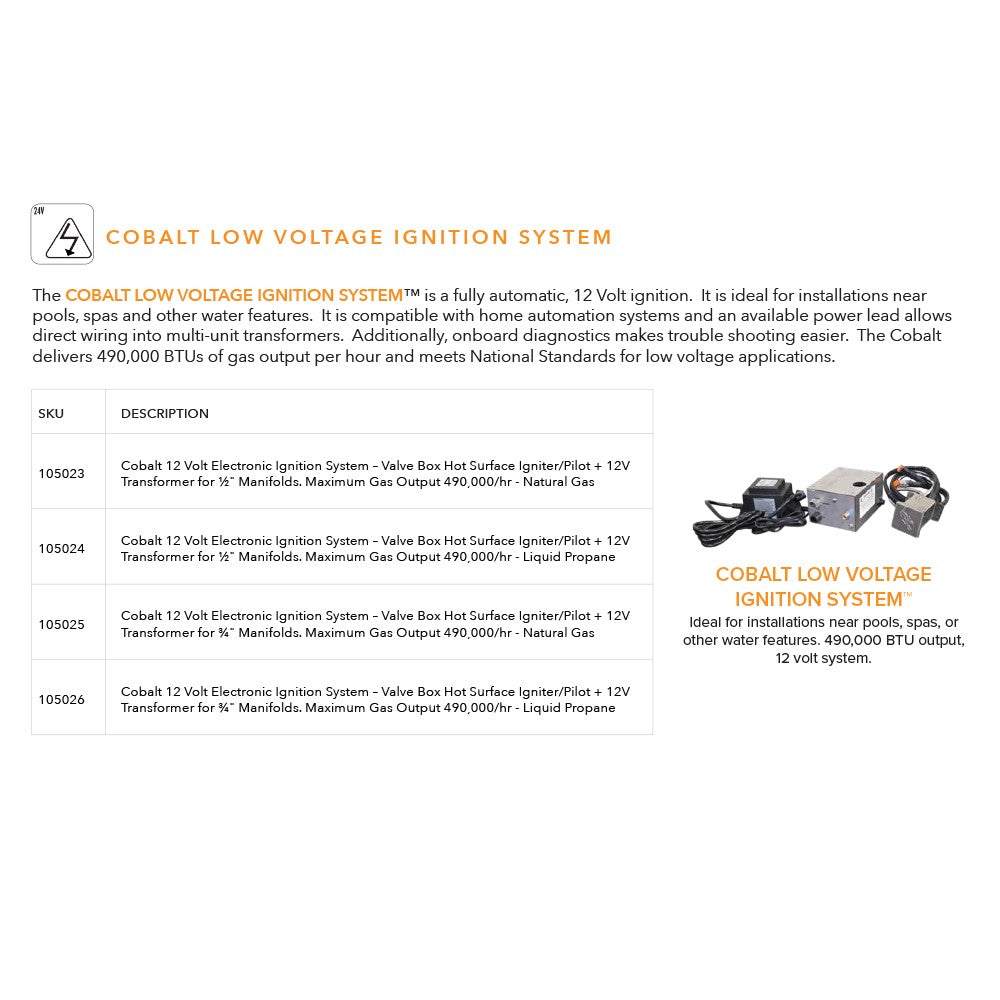 COBALT low voltage ignition system spec sheet with description and SKU list