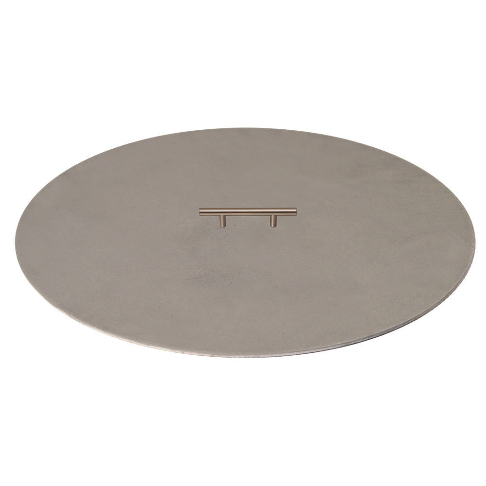Round aluminum fire pit cover with flat top and small center handle, light gray