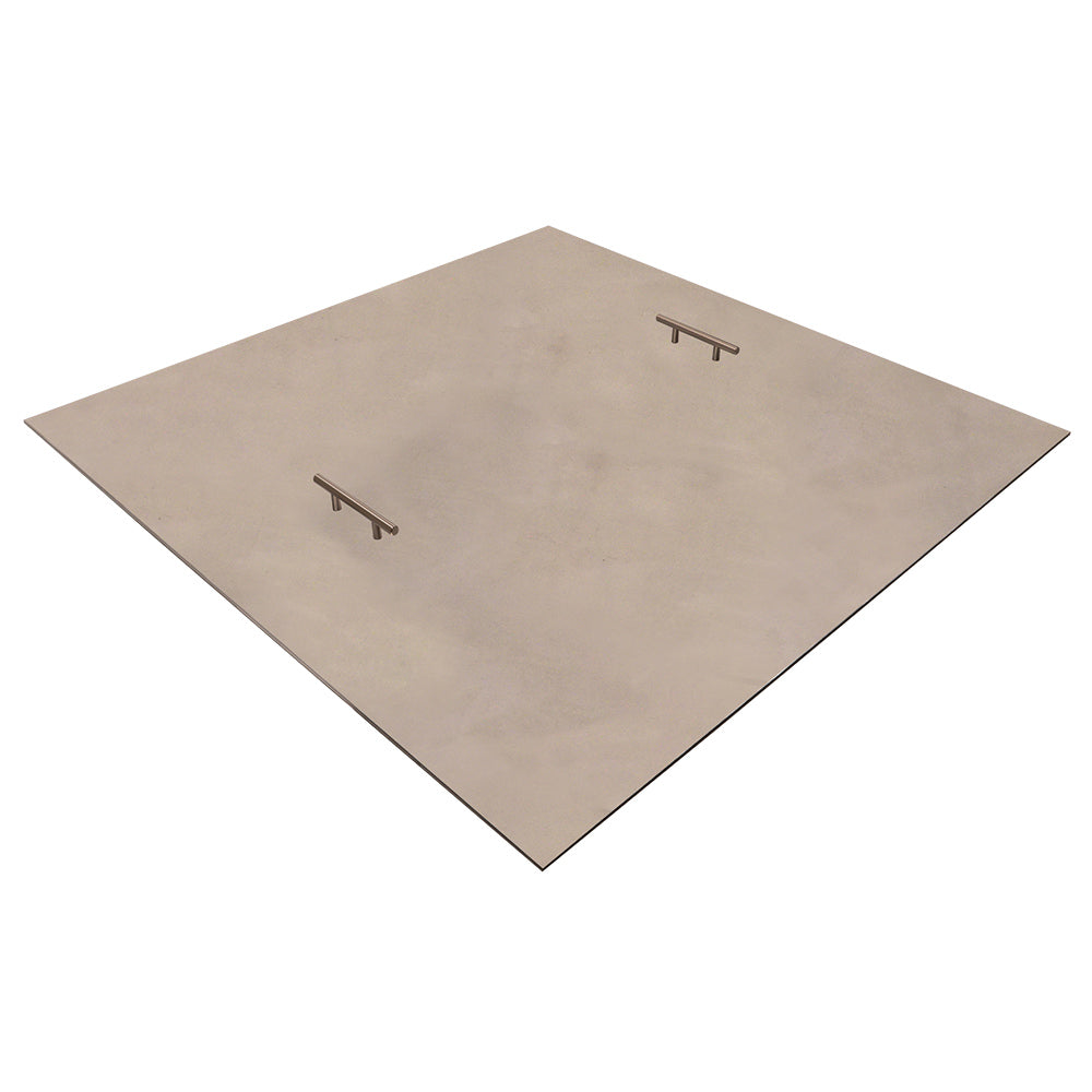 Square fire pit cover with tie straps, light tan aluminum, 44 in