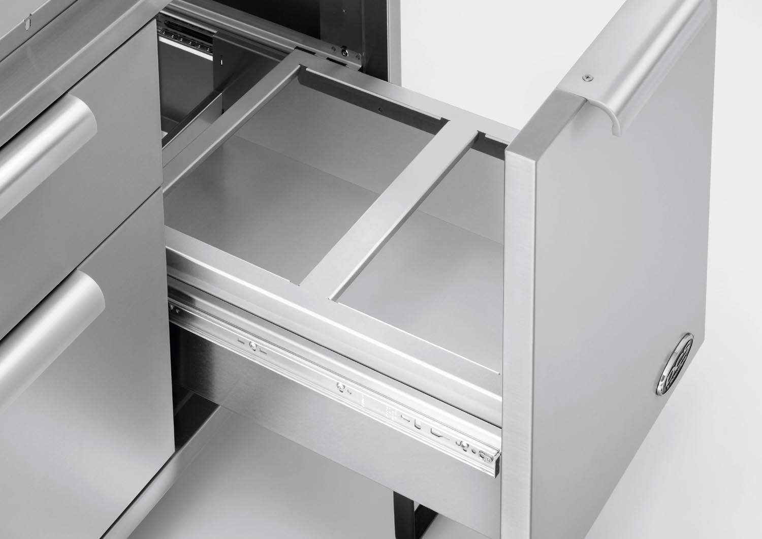 Stainless steel waste or recycling bin holder with sliding drawer tray