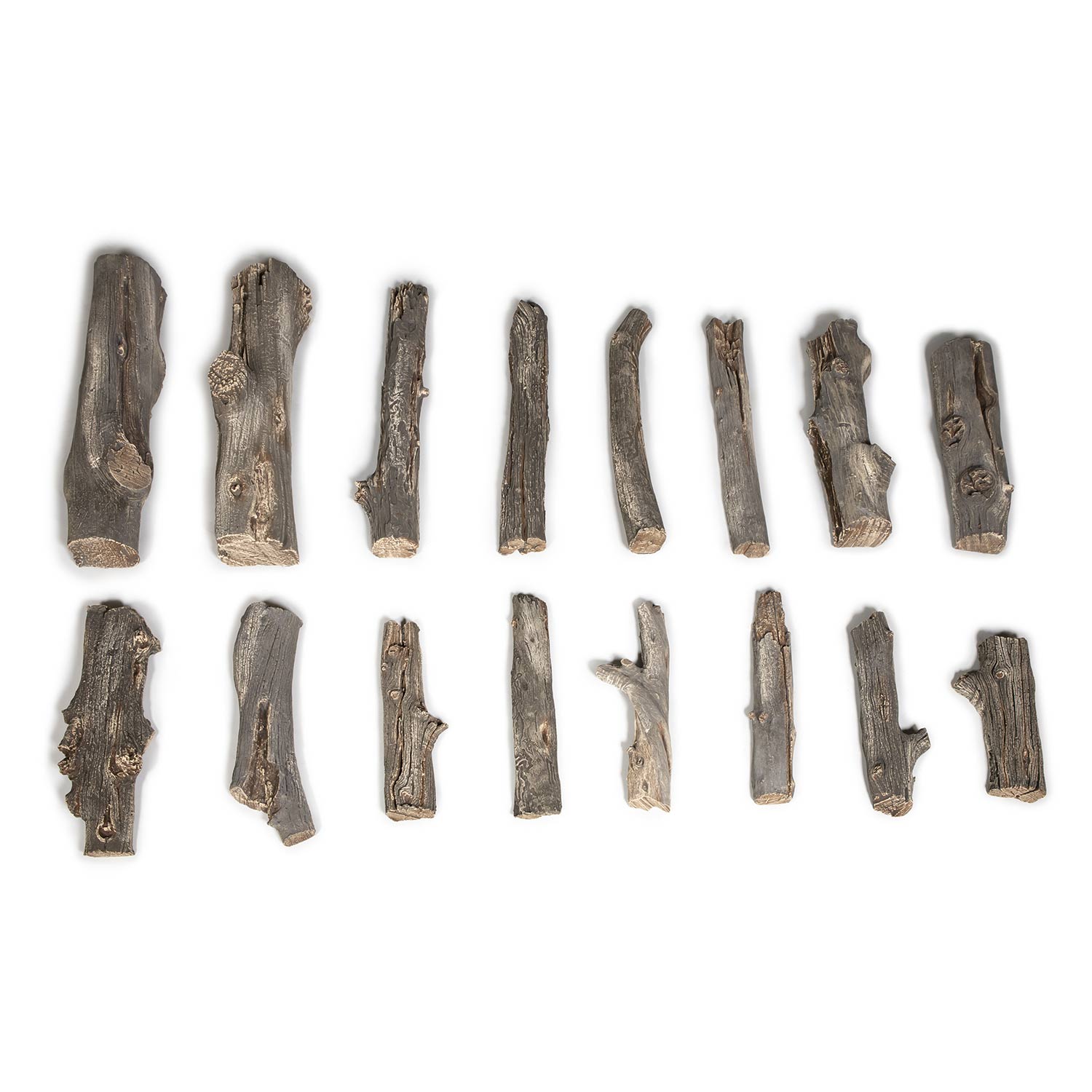 16-piece driftwood fire pit log set, assorted weathered wooden pieces