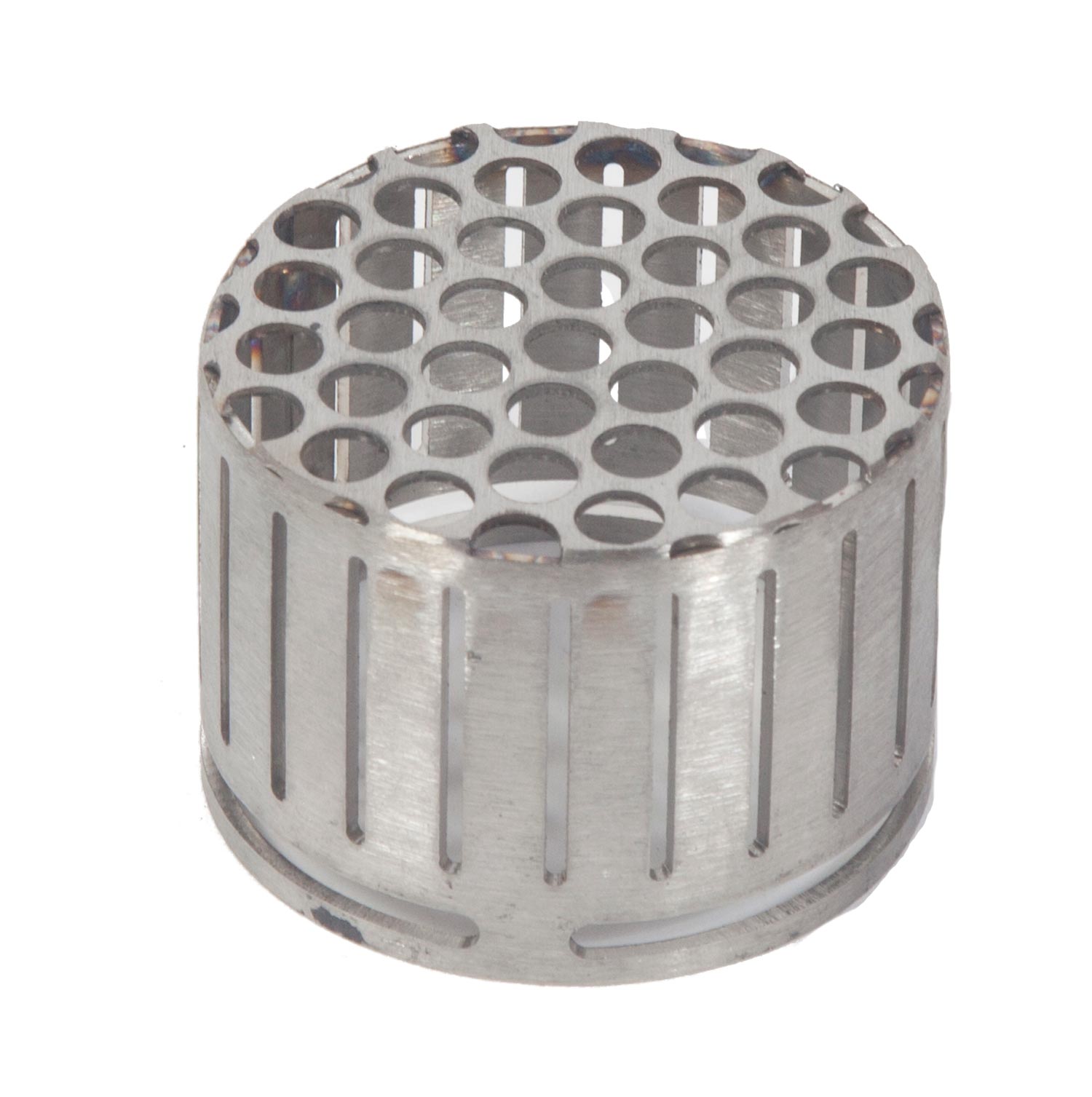 Torch wind cap with perforated round metal mesh top, cylindrical stainless look