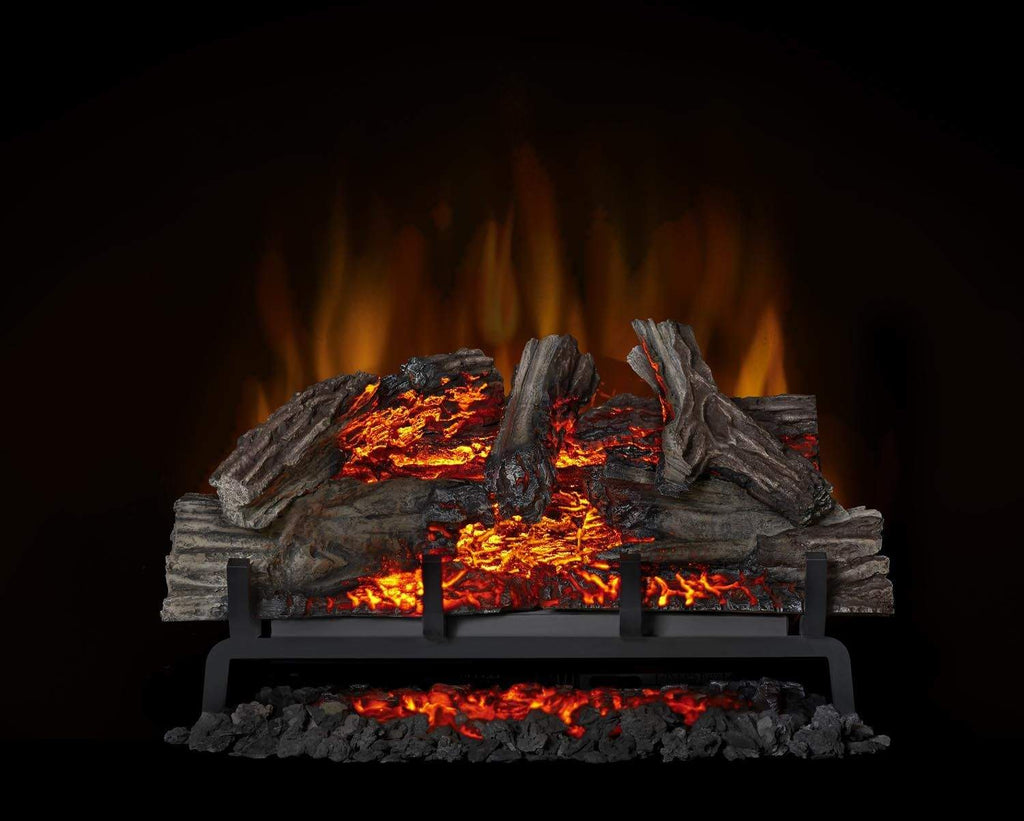 Electric fireplace log set with gray logs and orange flame glow on an ember bed