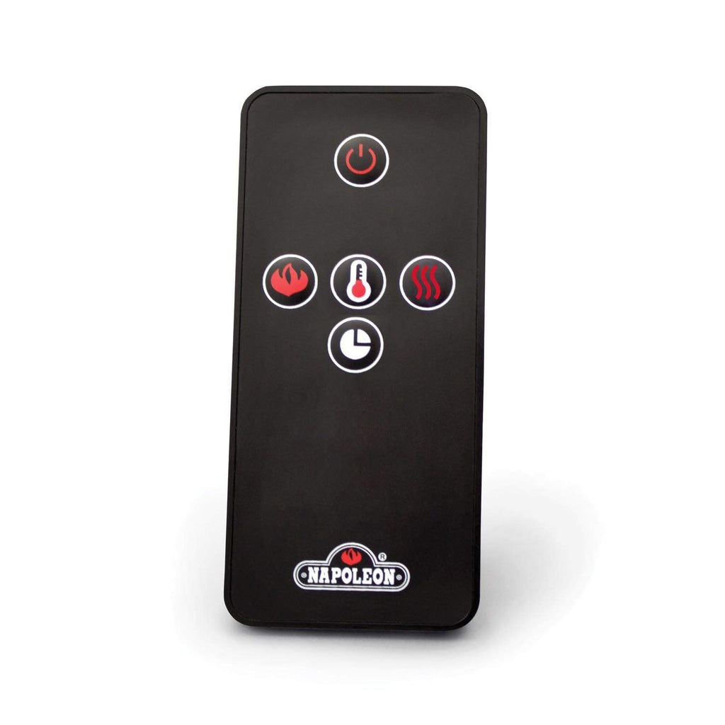 Black handheld remote for electric fireplace with Napoleon button icons