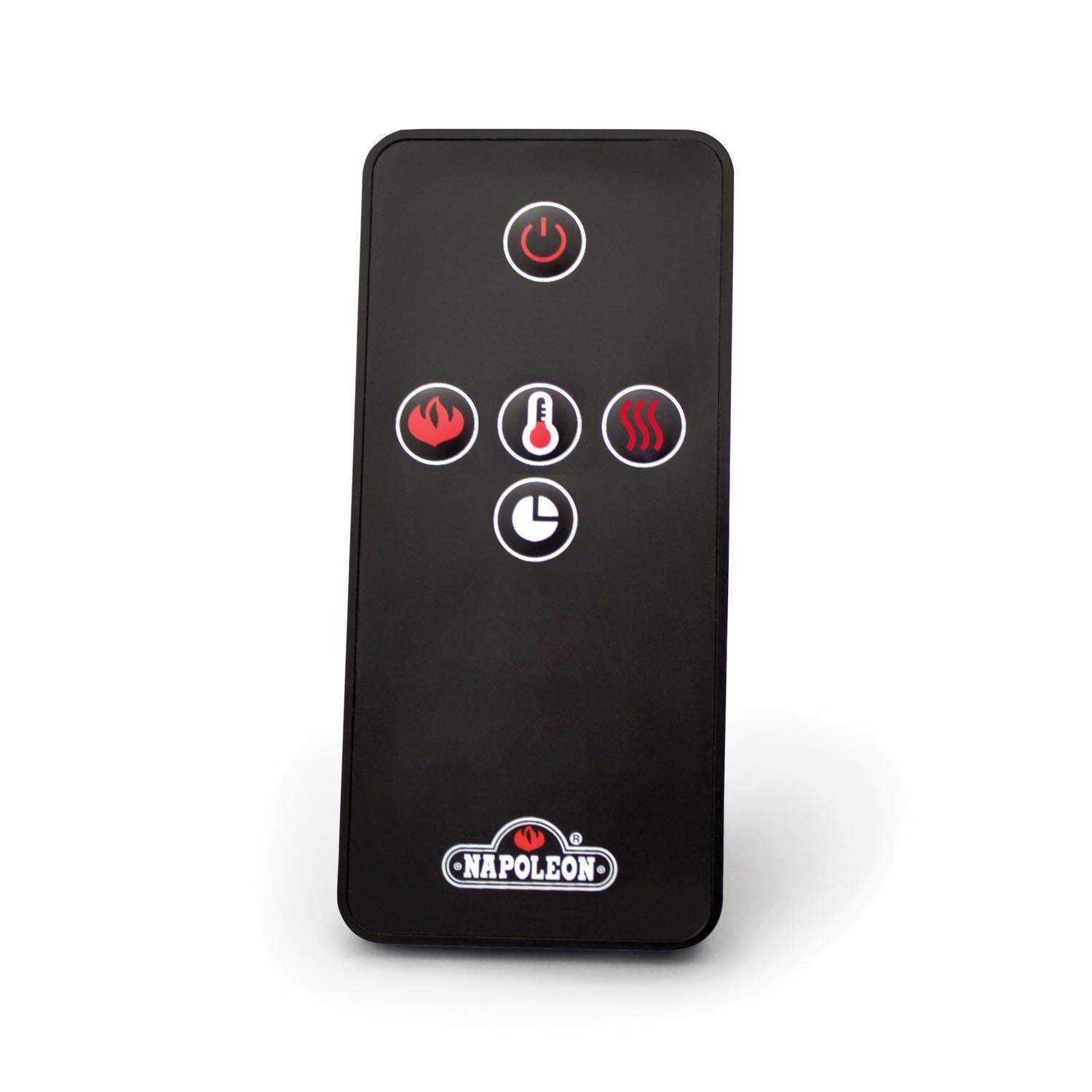 Black handheld remote for electric fireplace with Napoleon button icons