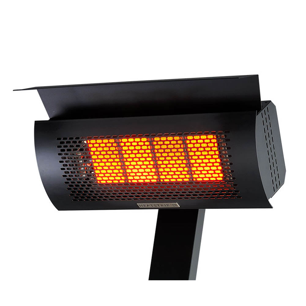 Black outdoor LPG gas heater with illuminated red-orange heat grid on top