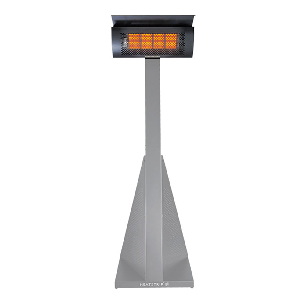 Gray standing LPG gas heater with glowing orange heat panel on tall base