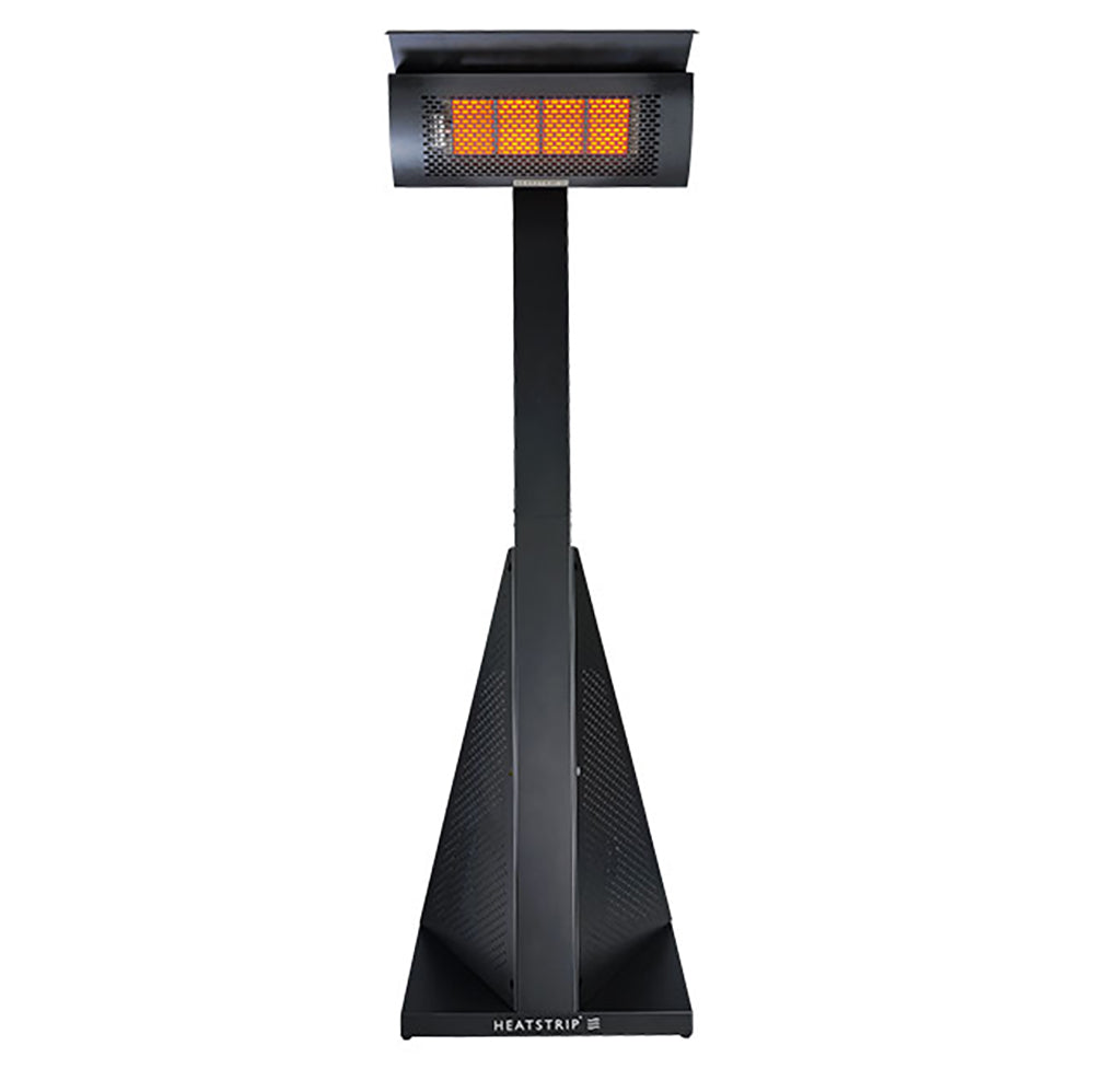Tall freestanding LPG gas patio heater with glowing orange infrared grid