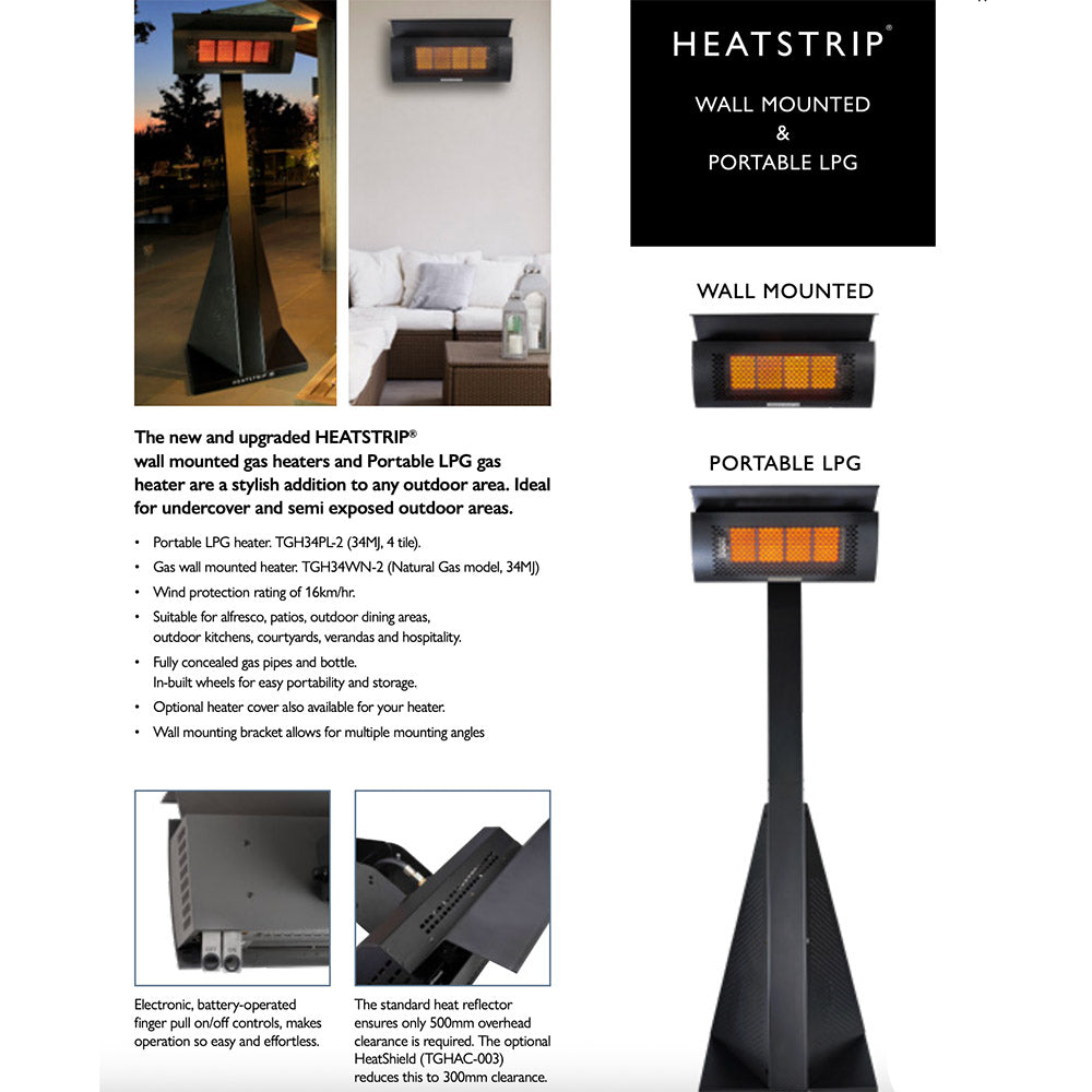 LPG gas heater product diagram with wall-mounted and portable use shown