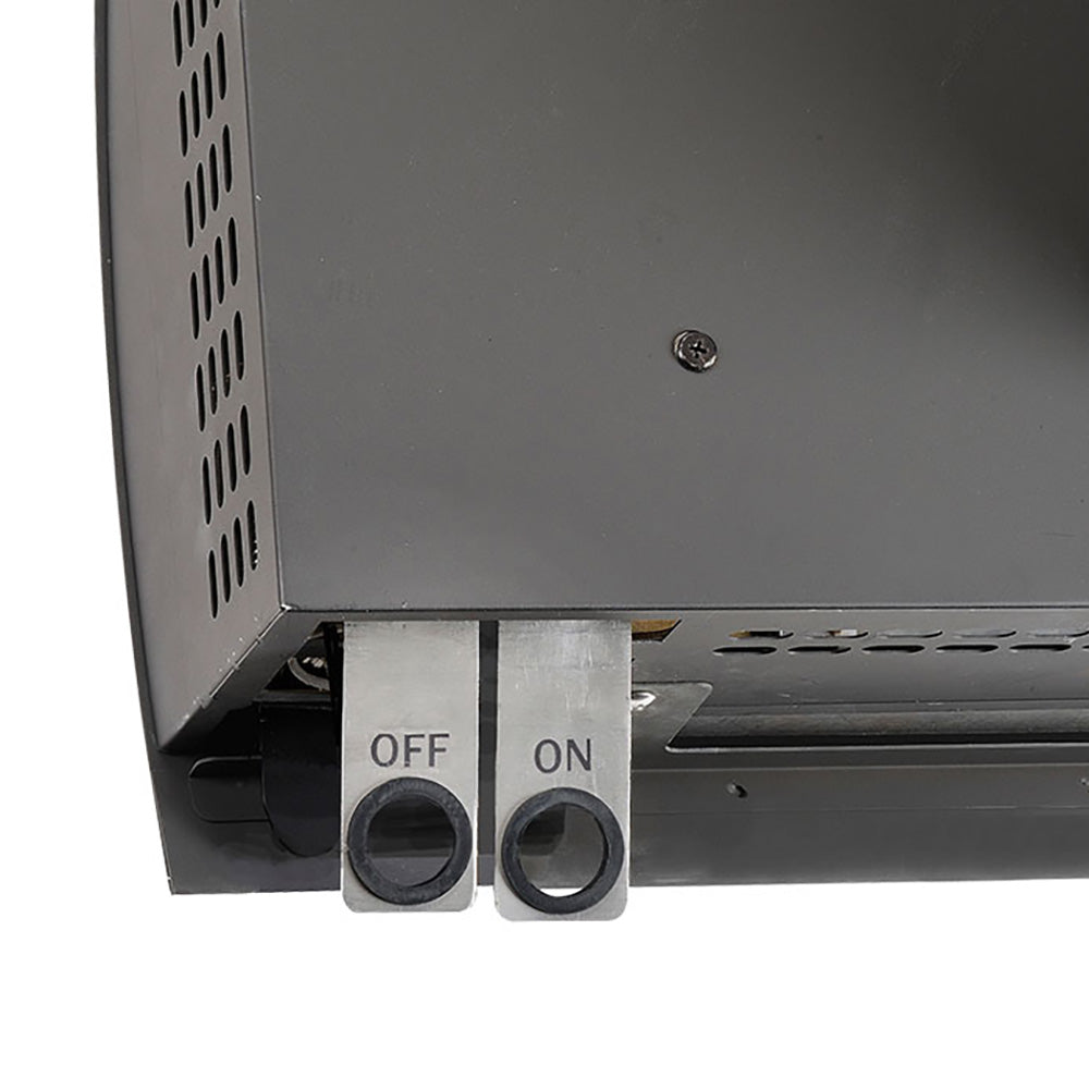 Black heater control panel with OFF and ON knobs on wall mounted unit