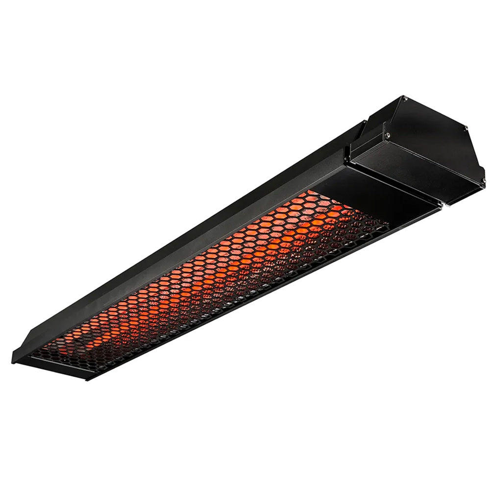 Outdoor electric patio heater with glowing hex infrared element and black housing