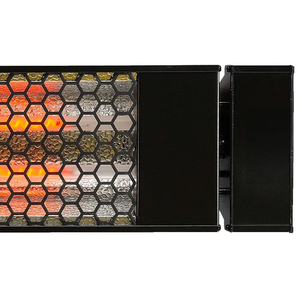 Outdoor electric patio heater reflector and hex heating grid with hinged black cover