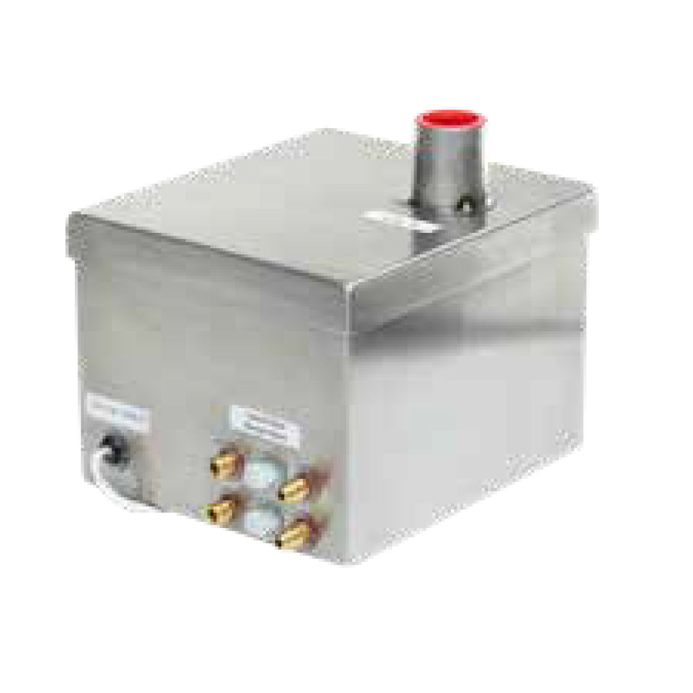 Electronic gas fire pit ignition control box with red-topped valve and brass fittings
