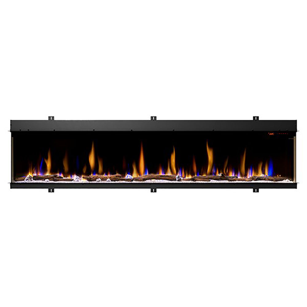 Black linear built-in electric fireplace with glowing flame effect in firebox
