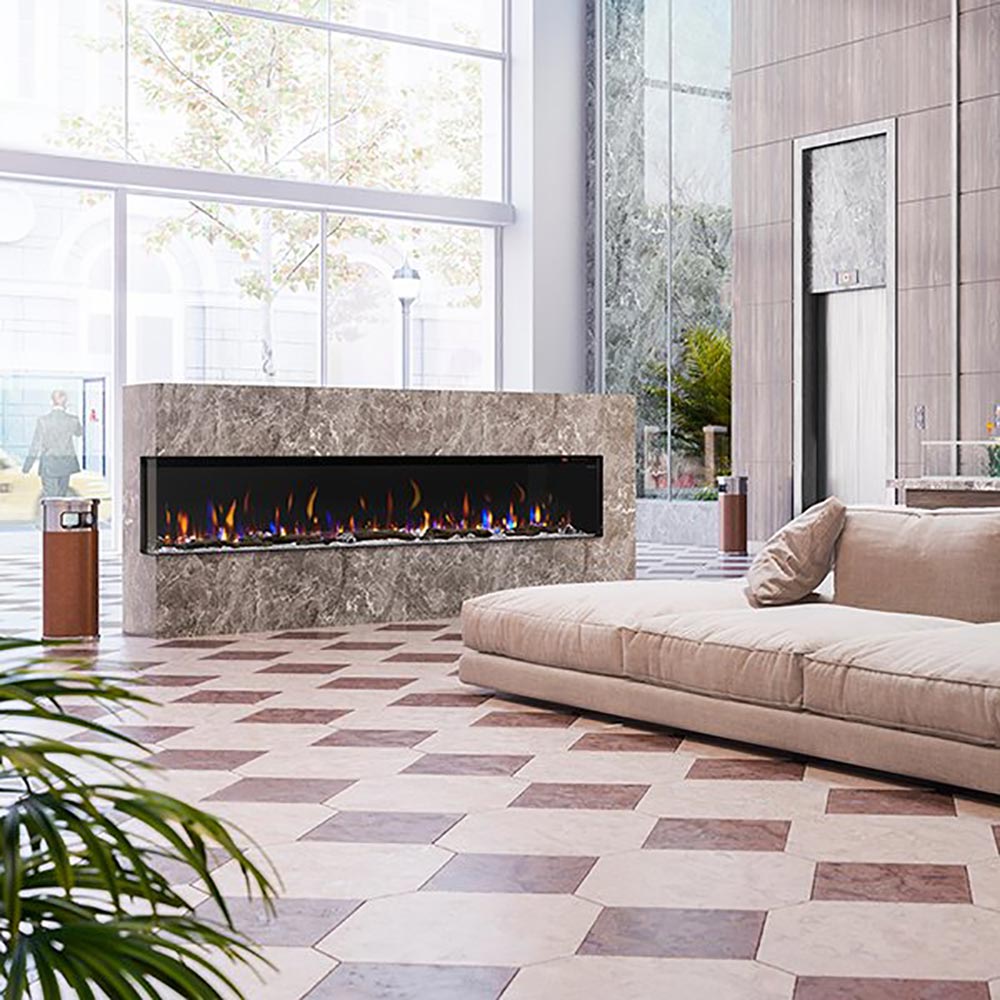Built-in linear electric fireplace with flame effect and black frame
