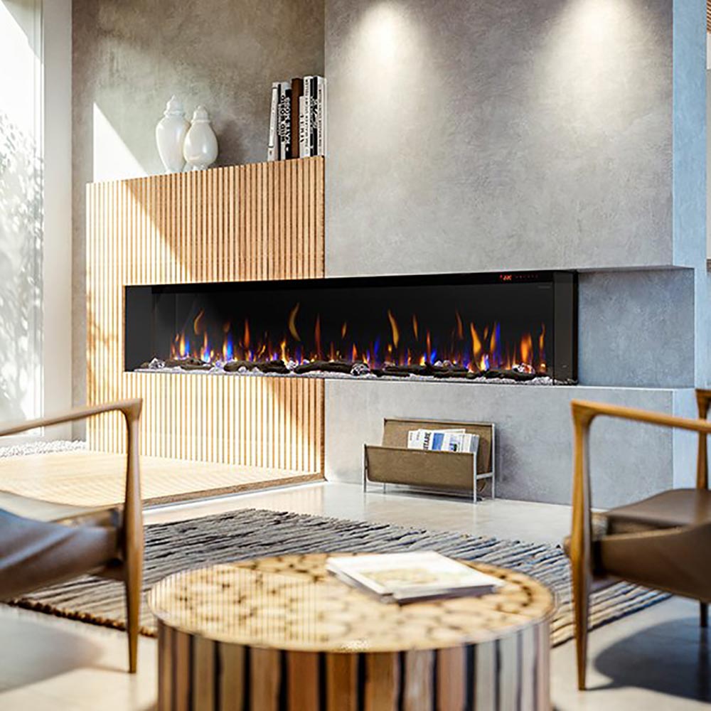 Recessed linear electric fireplace with flame effect along the firebox