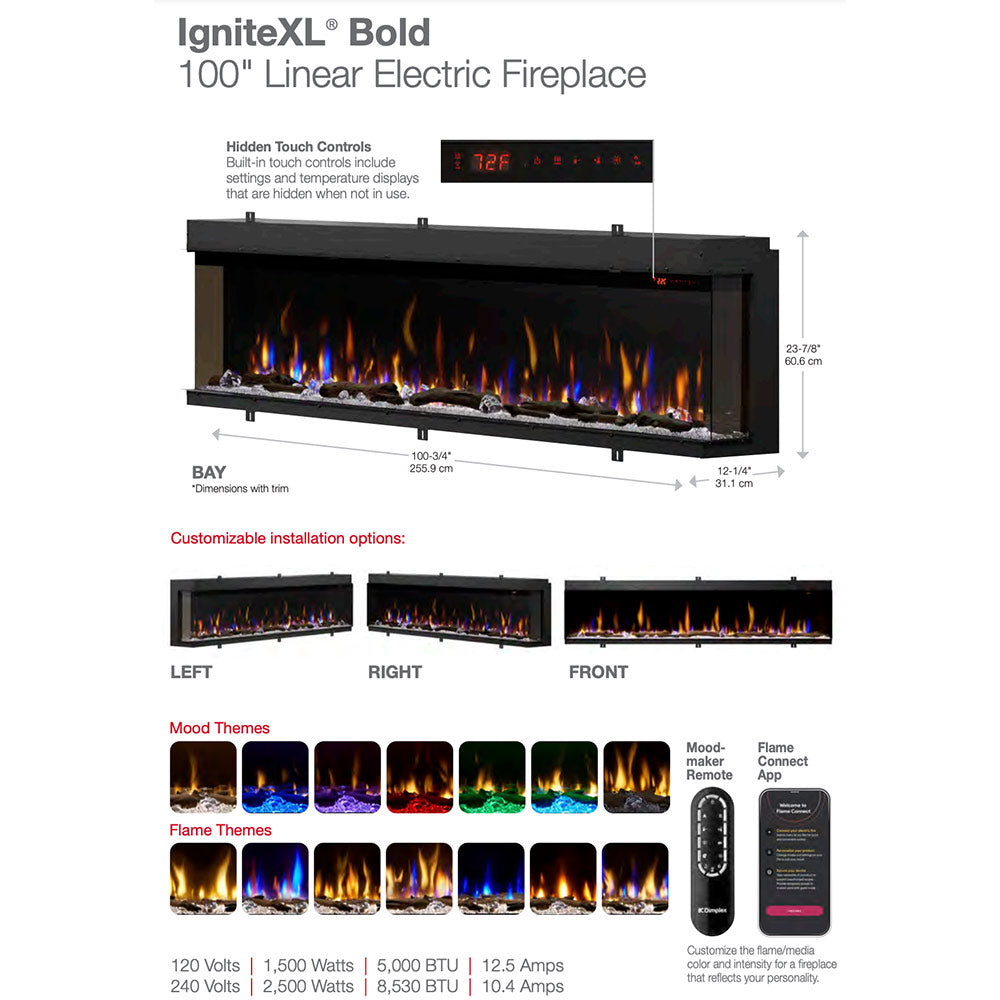 Diagram of black 100-inch linear electric fireplace showing flame display and controls