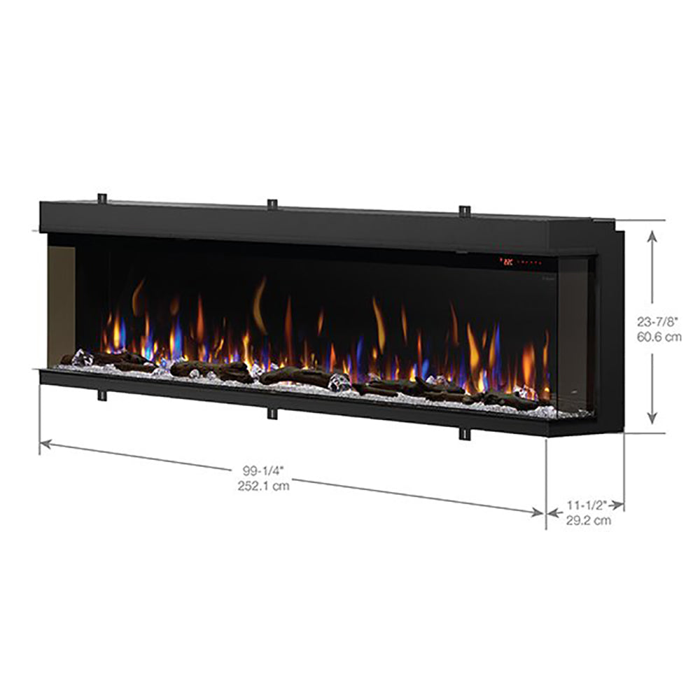 Black linear electric fireplace with flame effect and visible height and depth arrows
