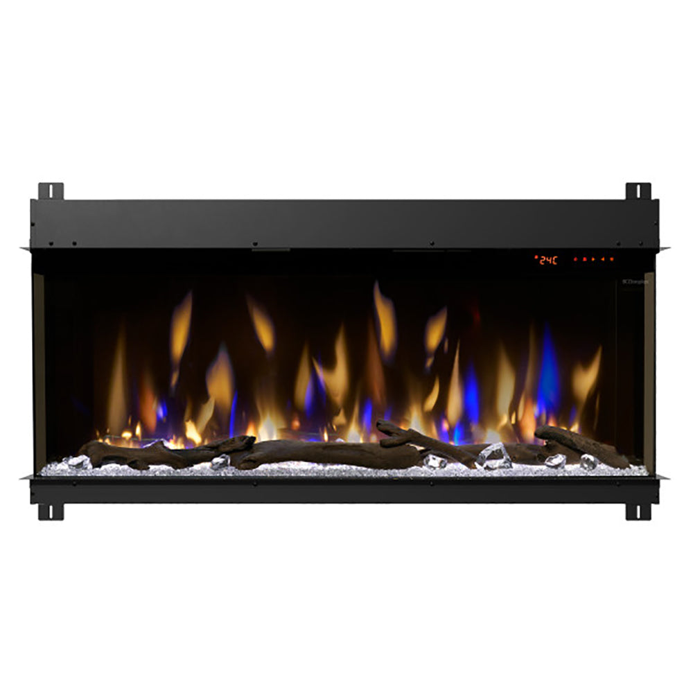 Built-in linear electric fireplace with glowing multicolor flames in a dark firebox