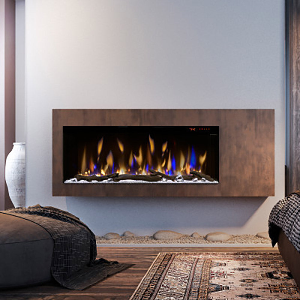 Linear electric fireplace set into a wall opening with glowing flames and log-style fuel