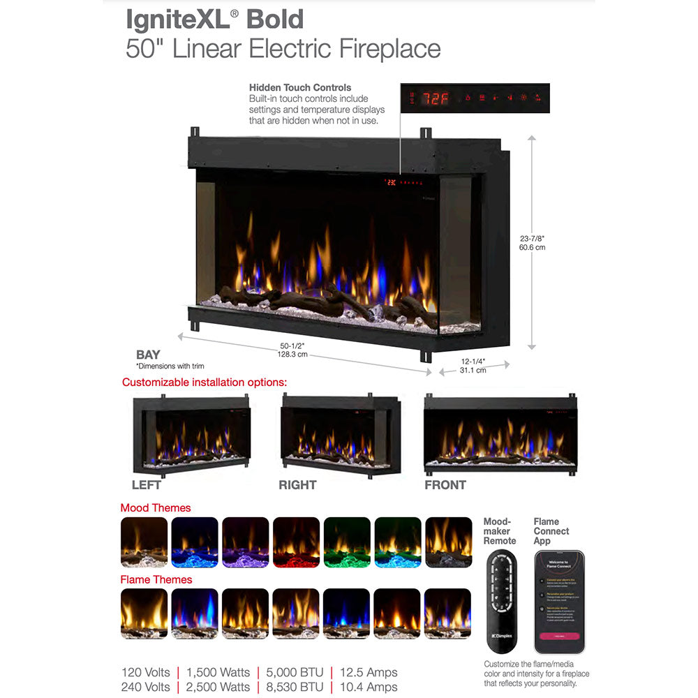 Linear electric fireplace spec graphic showing dimensions and flame theme options