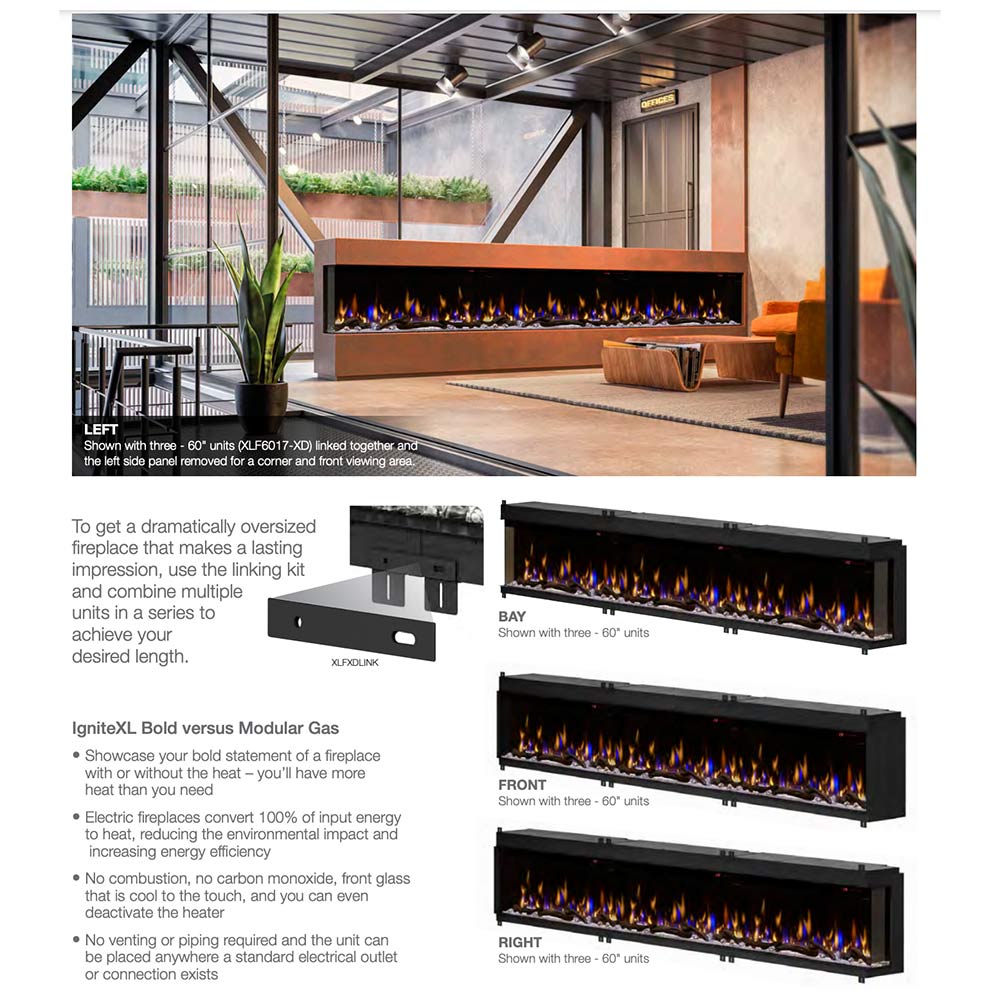 Comparison guide showing different linear fireplace installations and vented options.