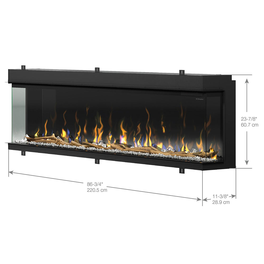 Linear electric fireplace with flame LED display and side profile measurements on black housing