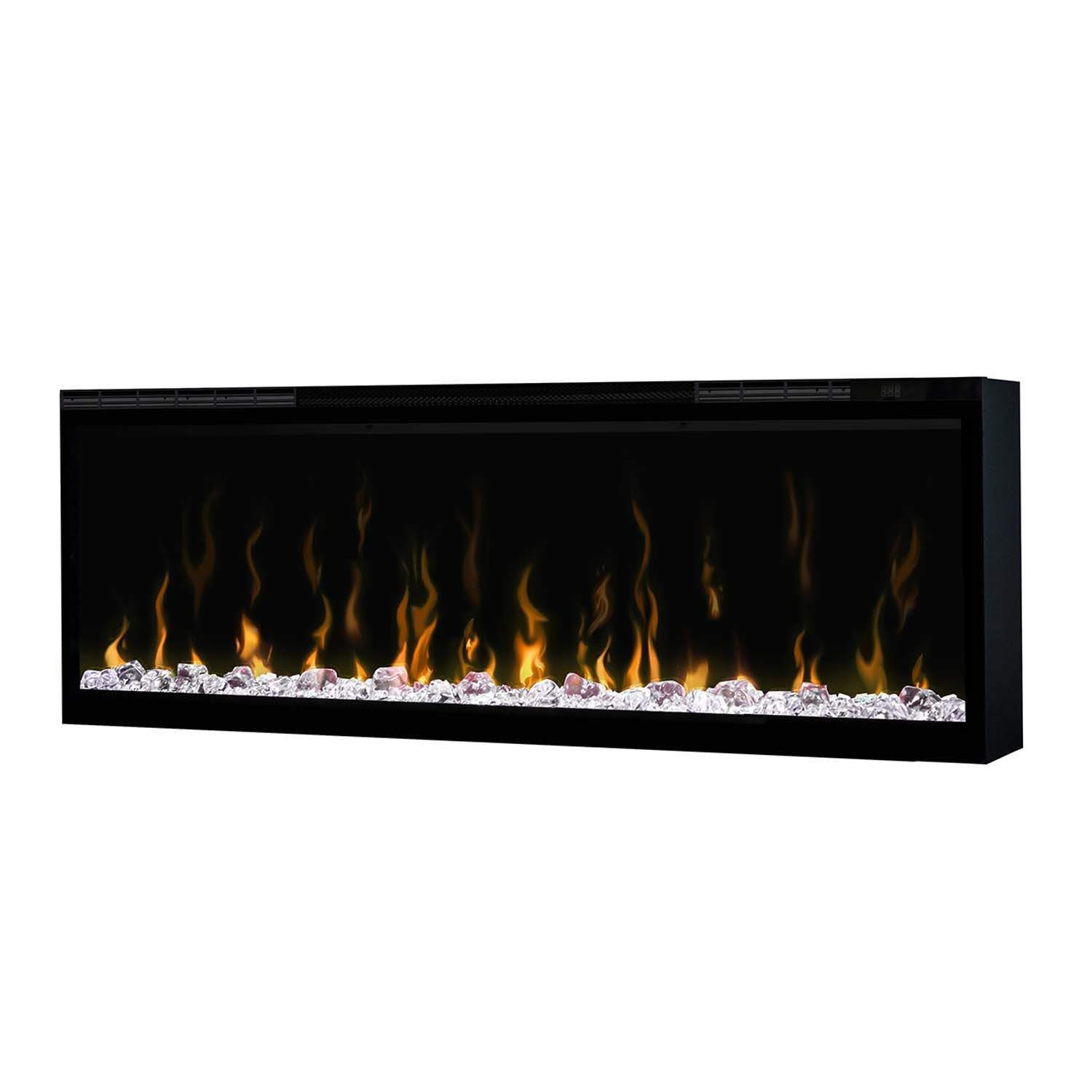 Linear electric fireplace insert with black surround, orange flame effect and ember bed