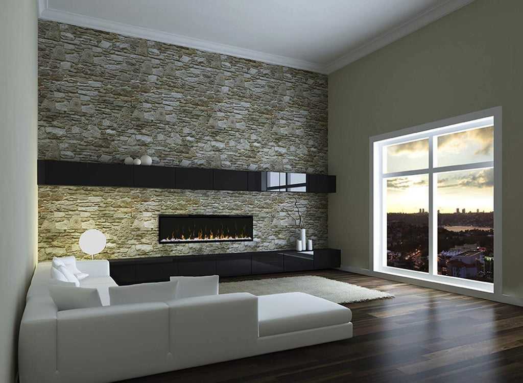 Built-in linear electric fireplace with black trim and glowing flame display