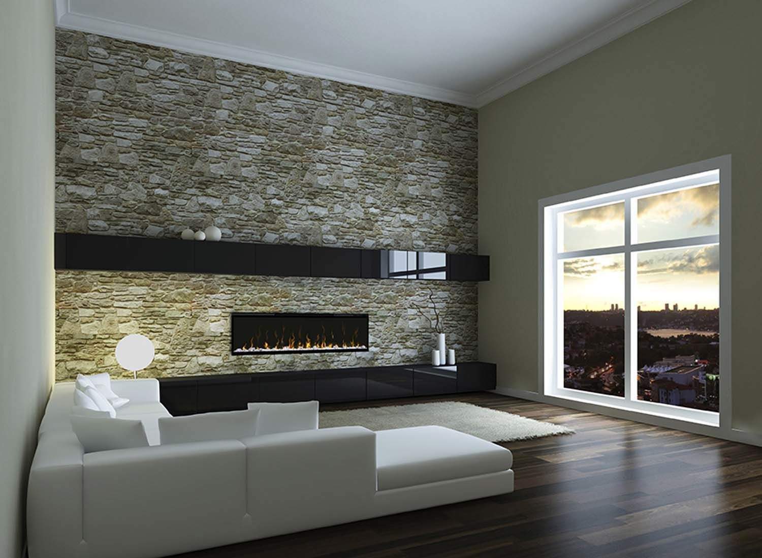 Built-in linear electric fireplace with black trim and glowing flame display