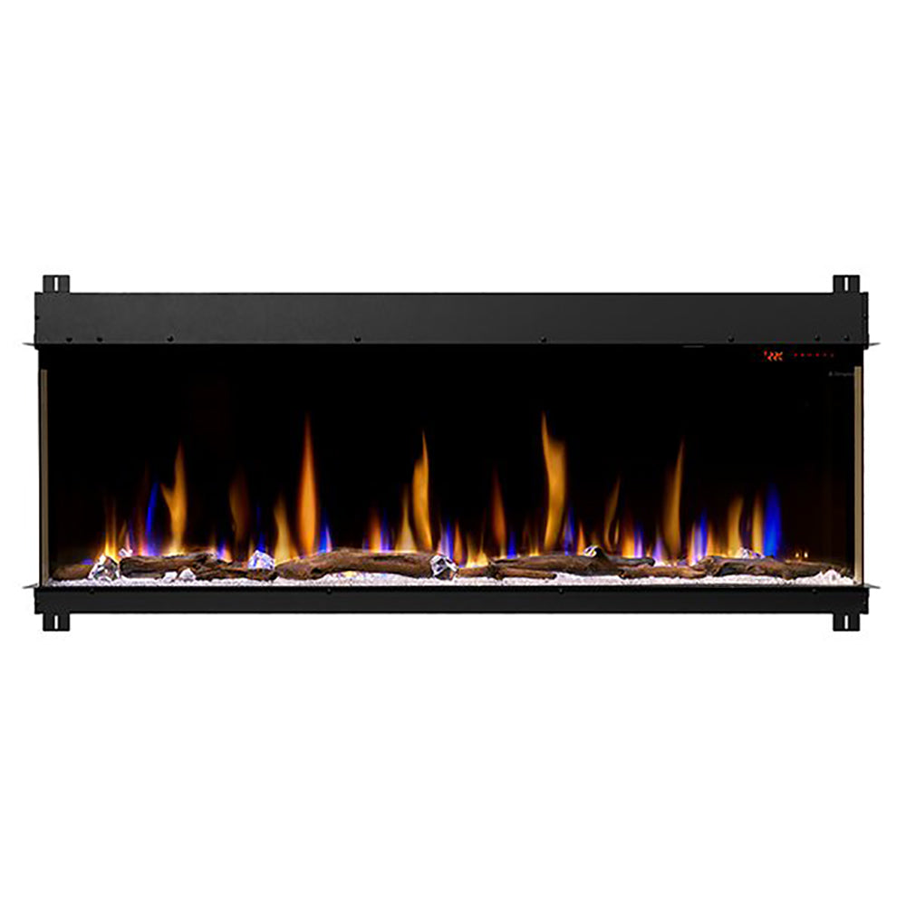 Linear electric fireplace insert with black frame and multicolor flame display