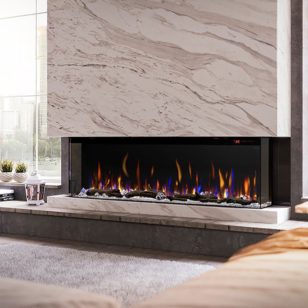 Built-in linear electric fireplace with black surround and glowing flame display