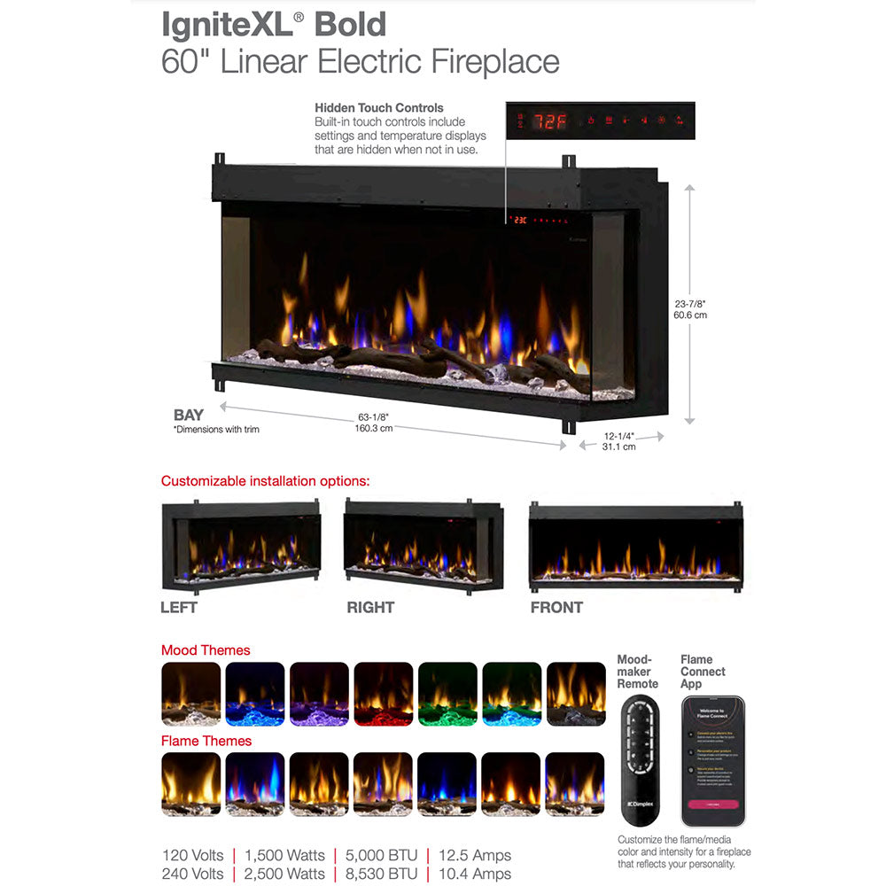 Linear electric fireplace dimension and controls infographic with flame insert
