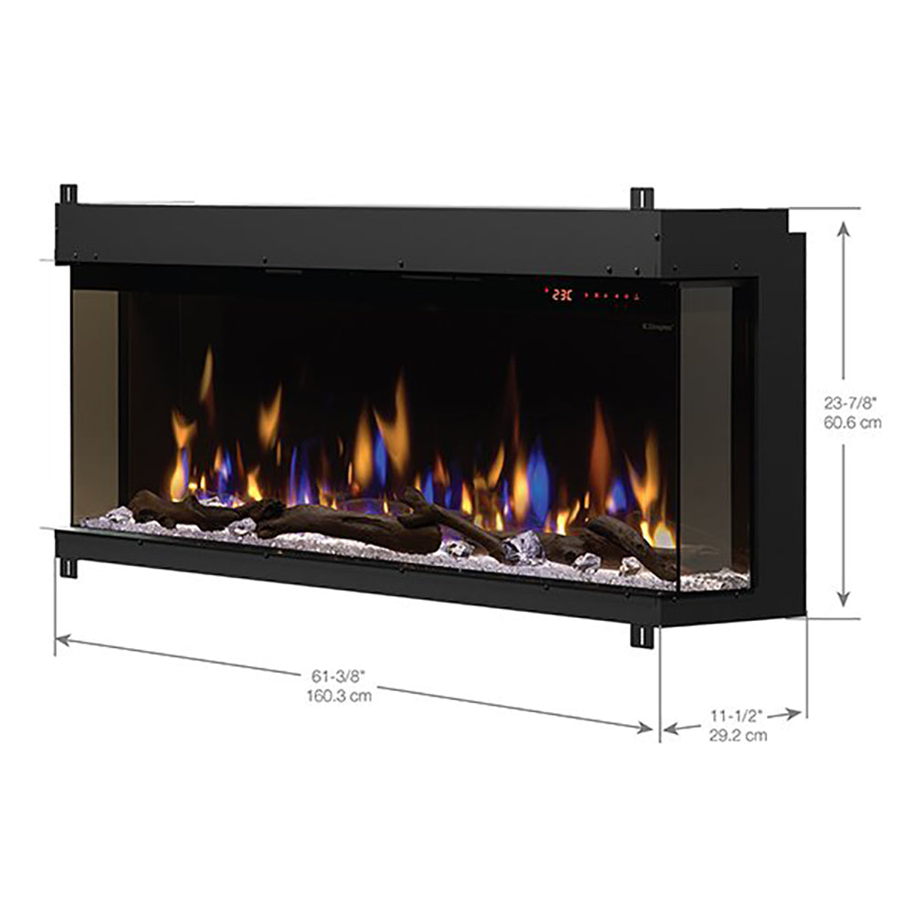 Black linear electric fireplace insert with flames and front dimensions