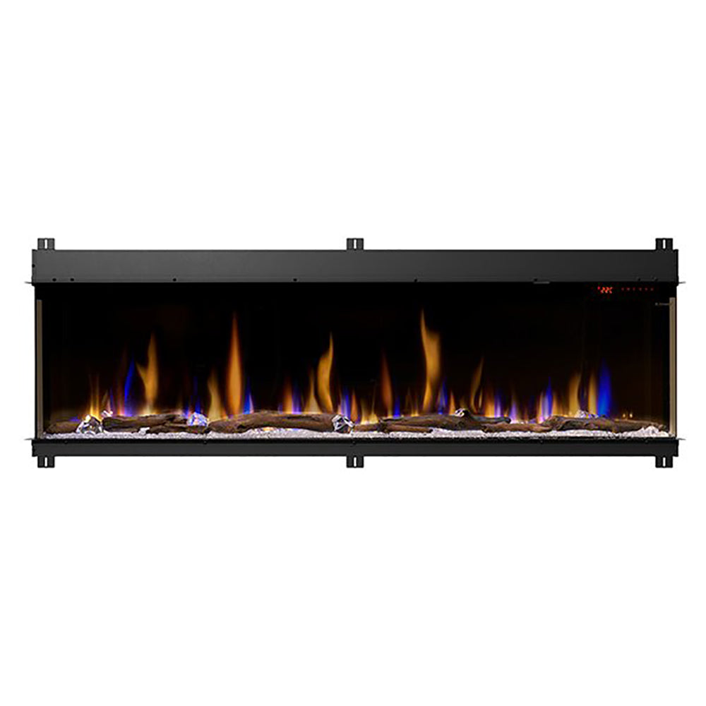 Black linear electric fireplace with ember bed and glowing multi-flame display, built-in style.