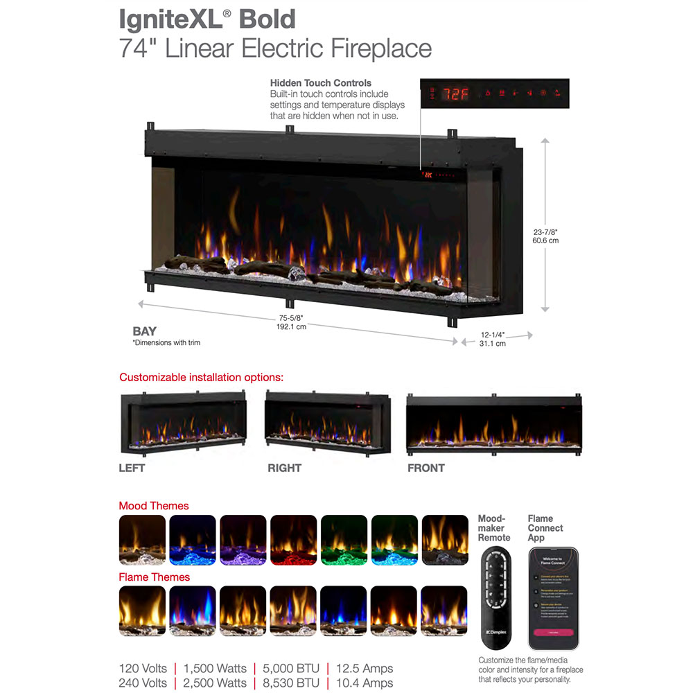 Linear electric fireplace diagram showing dimensions and hidden touch controls.