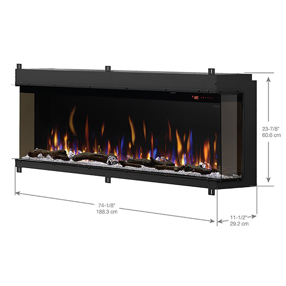 Linear electric fireplace size diagram with flame and ember bed, dark metal frame.