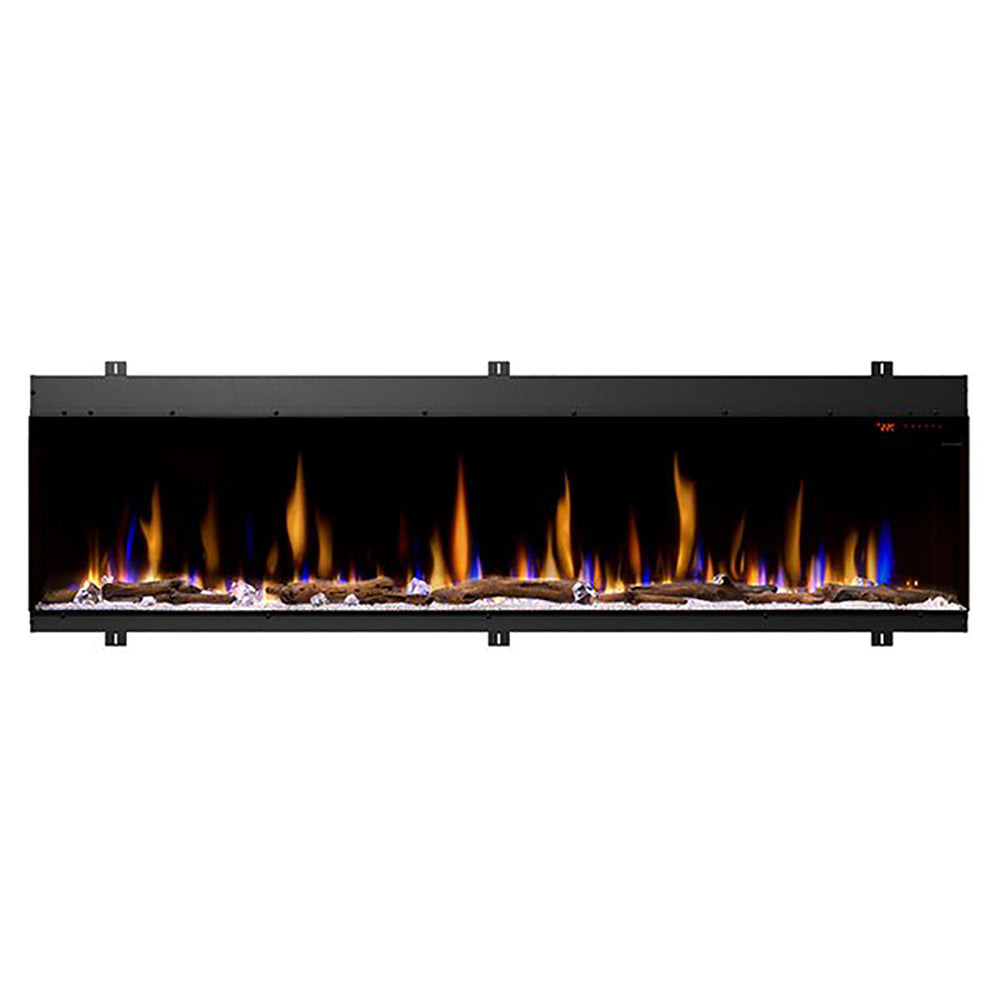Built-in linear electric fireplace with orange and blue flame LED display in black frame